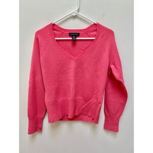 Women's Sweater L Pink Italian Merino Wool V-Neck Raglan Stretch Pullover Soft